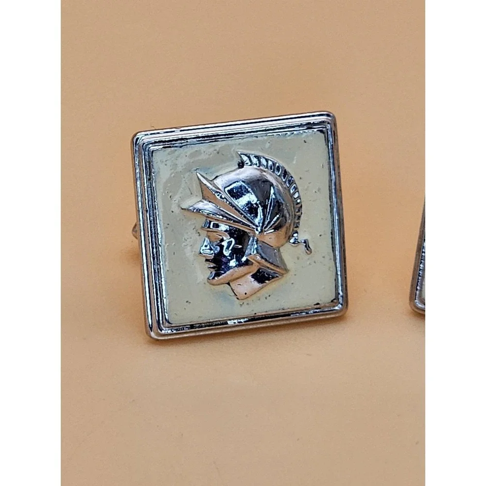 74 Yr Old Vtg SWANK USA Roman Soldier Cameo Cufflinks Silver Tone Cream Enamel